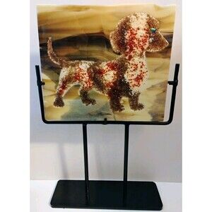 OOAK Fused Glass Dachshund Platter w Stand 10" Wiener Dog Art Riddle Oregon